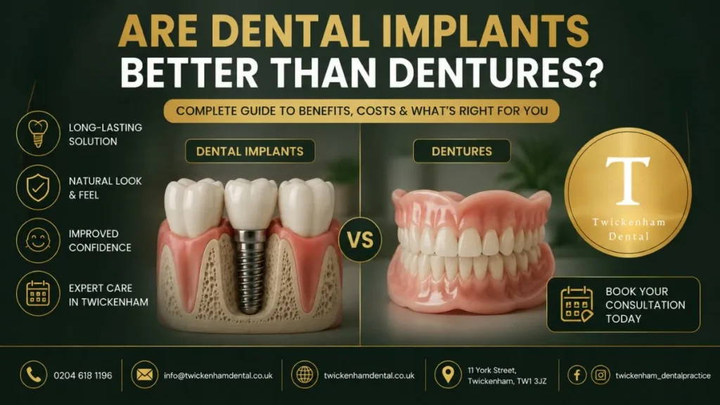 Comparison of dental implants and dentures in Twickenham showing benefits of permanent tooth replacement.