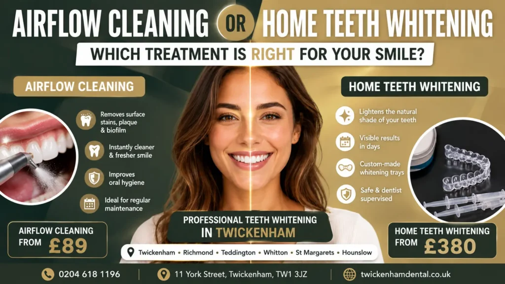Airflow Cleaning vs Home Teeth Whitening treatment comparison at Twickenham Dental Practice