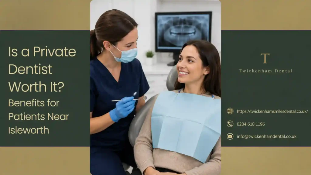 Dentist explaining the benefits of private dental care to a patient near Isleworth at Twickenham Smiles Dental Practice