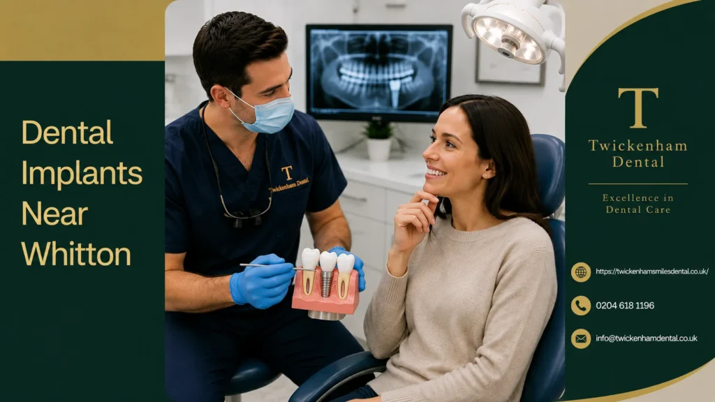 Dentist discussing dental implant treatment with a smiling patient at Twickenham Dental near Whitton.