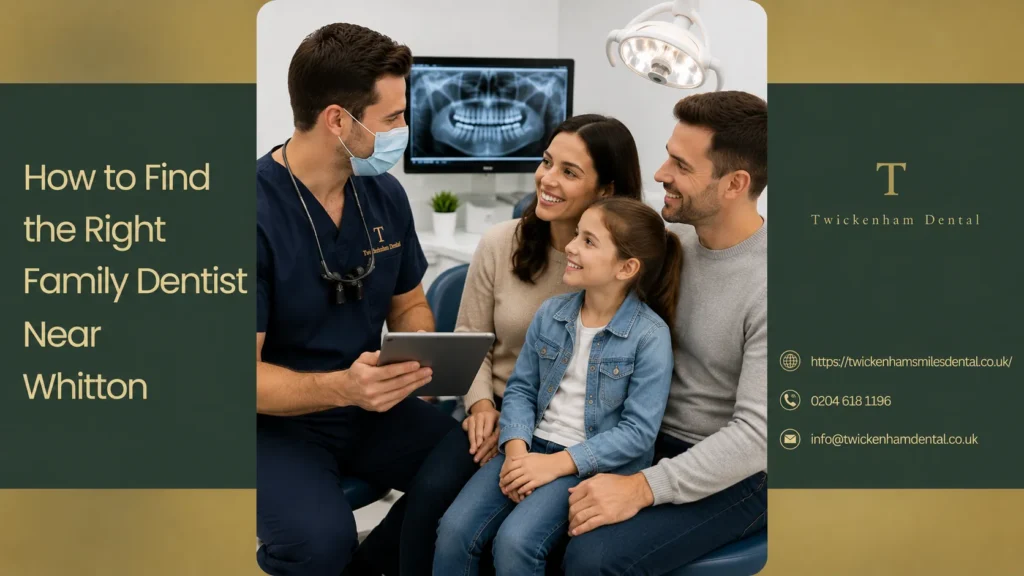 Friendly family dentist welcoming parents and child for a dental consultation near Whitton.